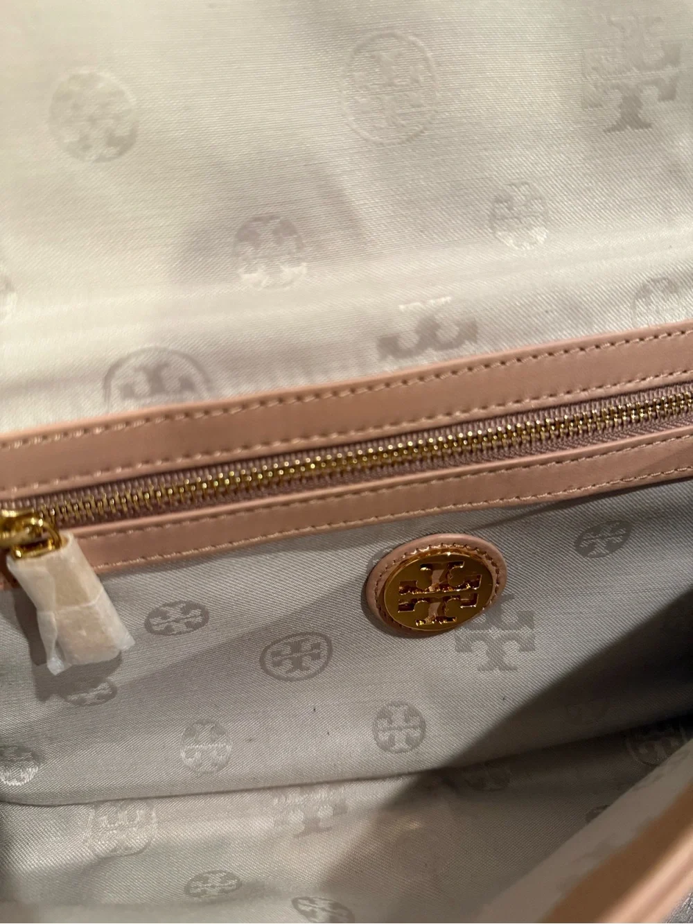 Tory Burch Blush Leather Fold-Over Wristlet with Gold Chain